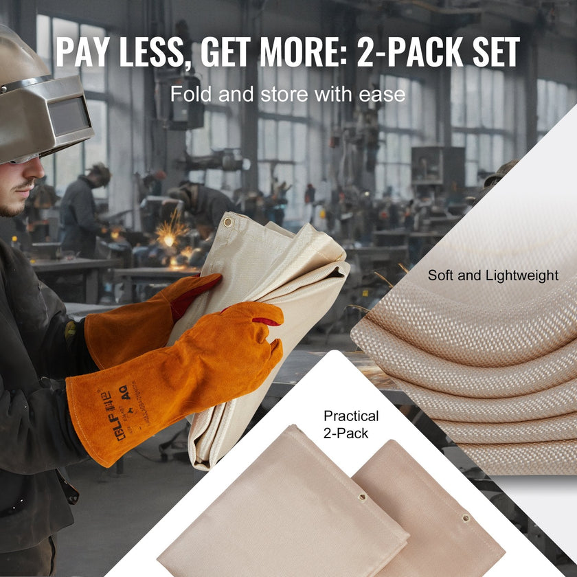 VEVOR Welding Blanket 2 Pack, 6FT x 8FT Heat Treated Welding Blanket, Up To 998°F Heat Resistant Blanket Set, Heavy-Duty Fiberglass Flame Retardant Insulation Welding Mat Cover with Metal Grommets