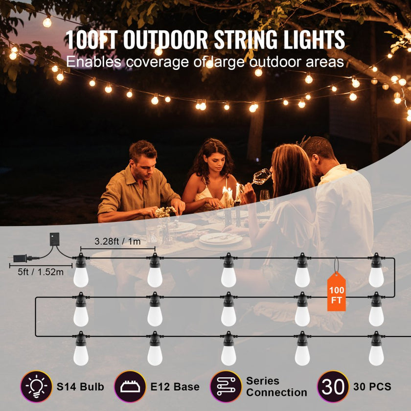 VEVOR 100FT RGB Outdoor String Lights Waterproof Patio Lights with APP Control