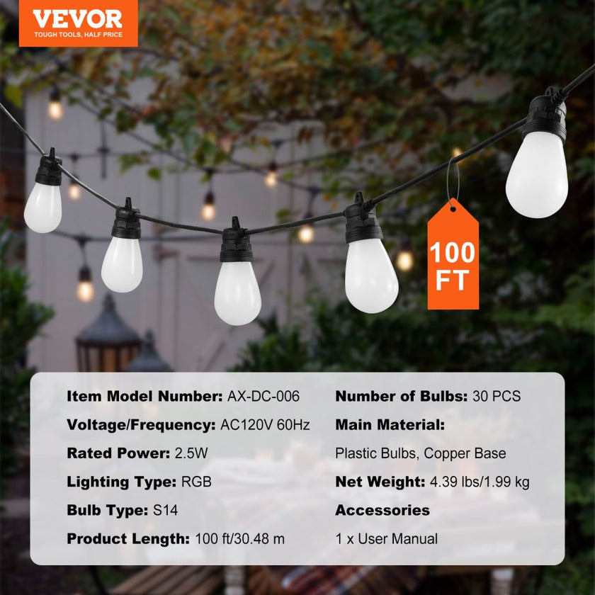 VEVOR 100FT RGB Outdoor String Lights Waterproof Patio Lights with APP Control