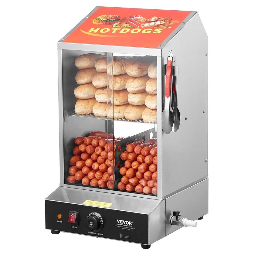 VEVOR Commercial Hot Dog Steamer 2-Tier Electric Bun Warmer 39QT Slide Doors