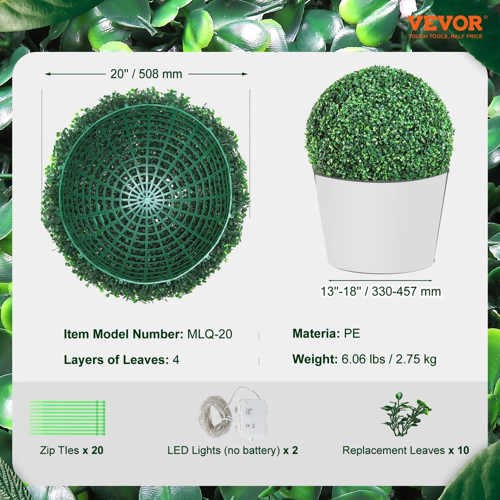 VEVOR Artificial Topiaries Boxwood Trees, 20” Tall (2 Pieces), Ball-Shape Faux Topiaries Plant, All-year Green Feaux Plant Decorative Balls for Backyard, Balcony,Garden, Wedding and Home Décor