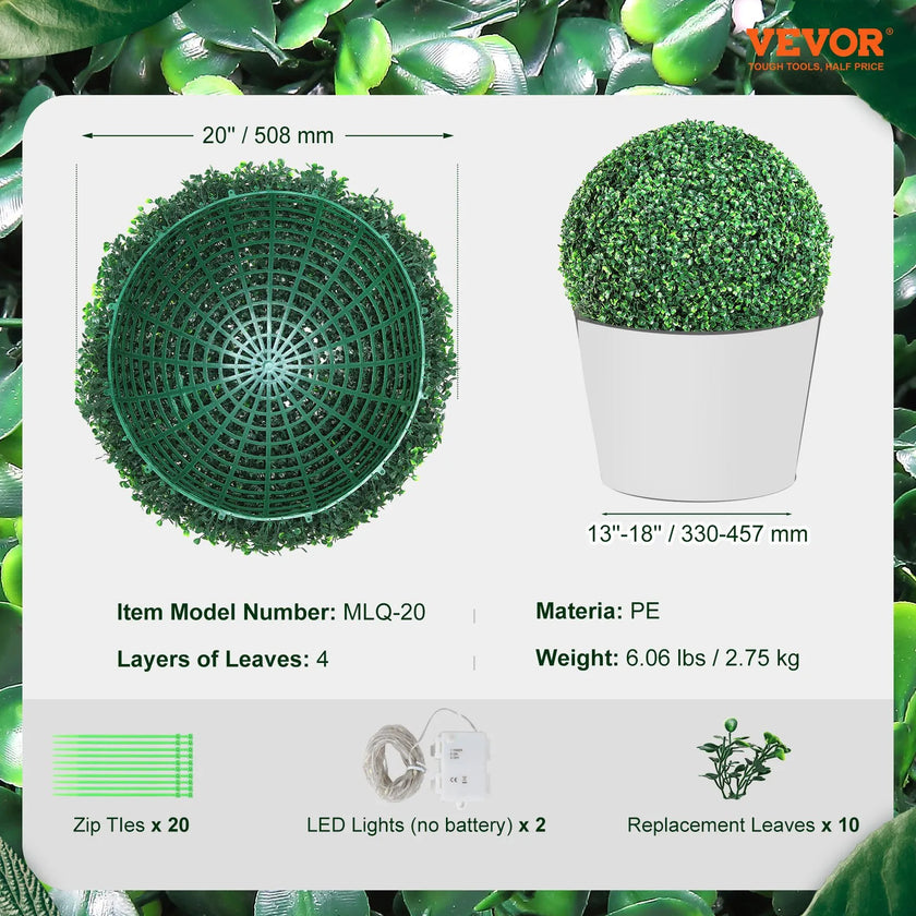 VEVOR Artificial Topiaries Boxwood Trees, 20” Tall (2 Pieces), Ball-Shape Faux Topiaries Plant, All-year Green Feaux Plant Decorative Balls for Backyard, Balcony,Garden, Wedding and Home Décor