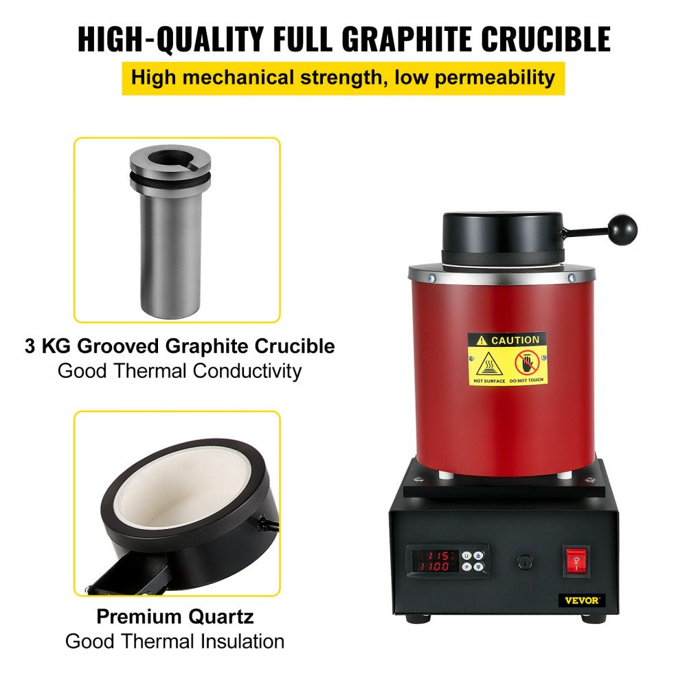 VEVOR Electric Melting Furnace, 3KG Digital Electric Melting Furnace, 1750W 1150?/2102 ? Gold Smelter Furnace W/ Graphite Crucible Casting Refining Jewelry Precious Metals Gold Silver Copper Aluminu