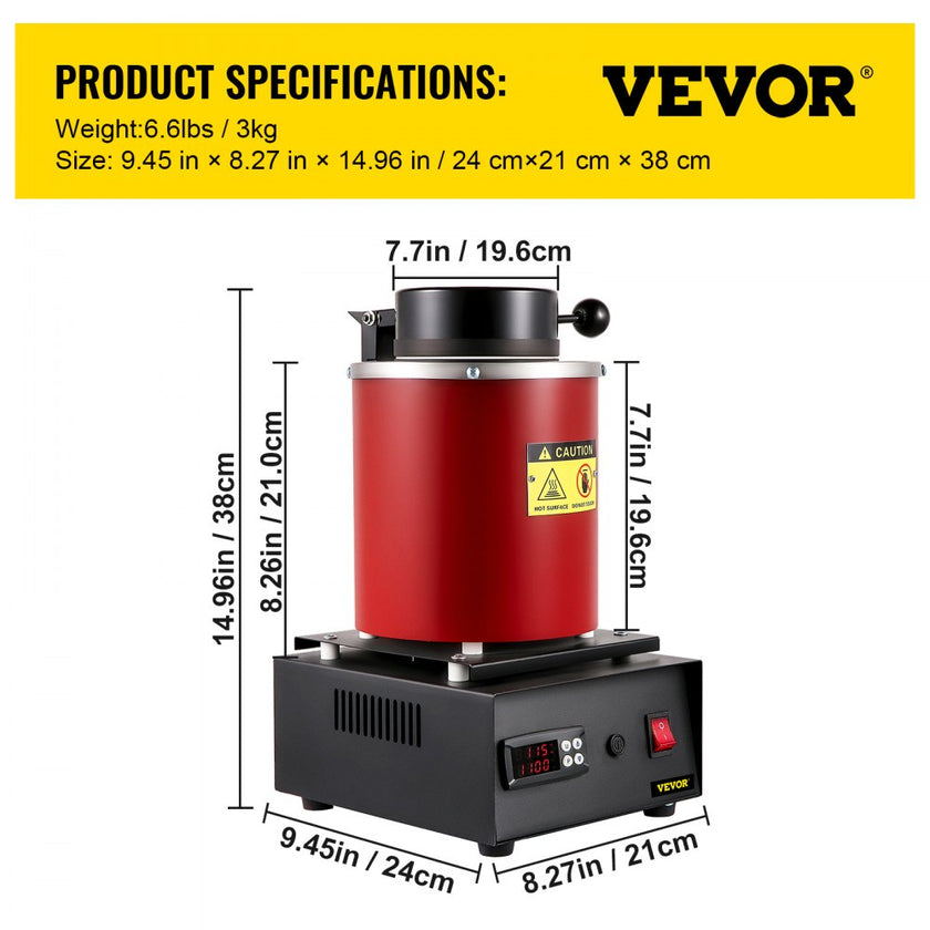 VEVOR Electric Melting Furnace, 3KG Digital Electric Melting Furnace, 1750W 1150?/2102 ? Gold Smelter Furnace W/ Graphite Crucible Casting Refining Jewelry Precious Metals Gold Silver Copper Aluminu