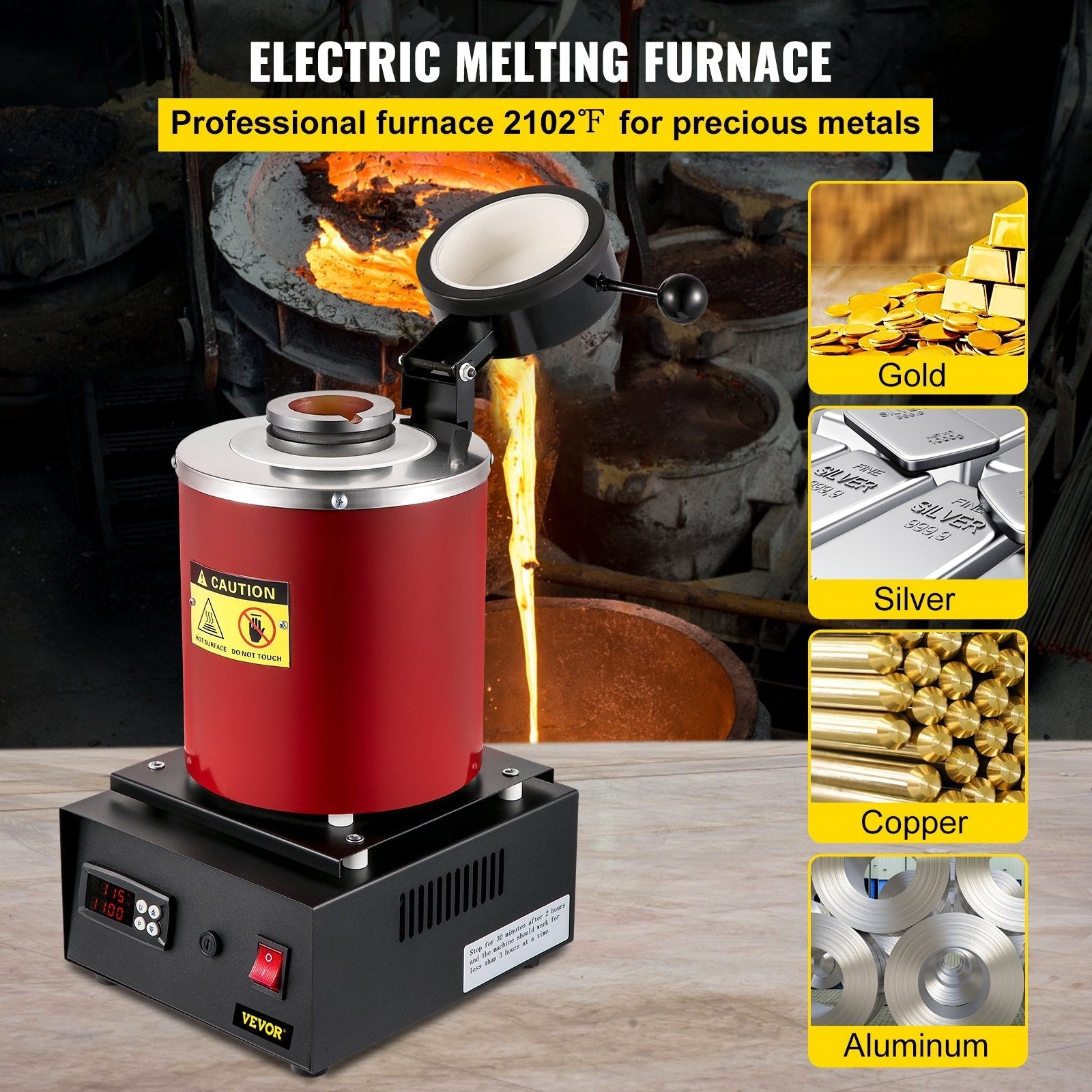 VEVOR Electric Melting Furnace, 3KG Digital Electric Melting Furnace, 1750W 1150?/2102 ? Gold Smelter Furnace W/ 1KG&3KG Graphite Crucible & Ingot Die for Processing of Melting Gold, Silver, Copper