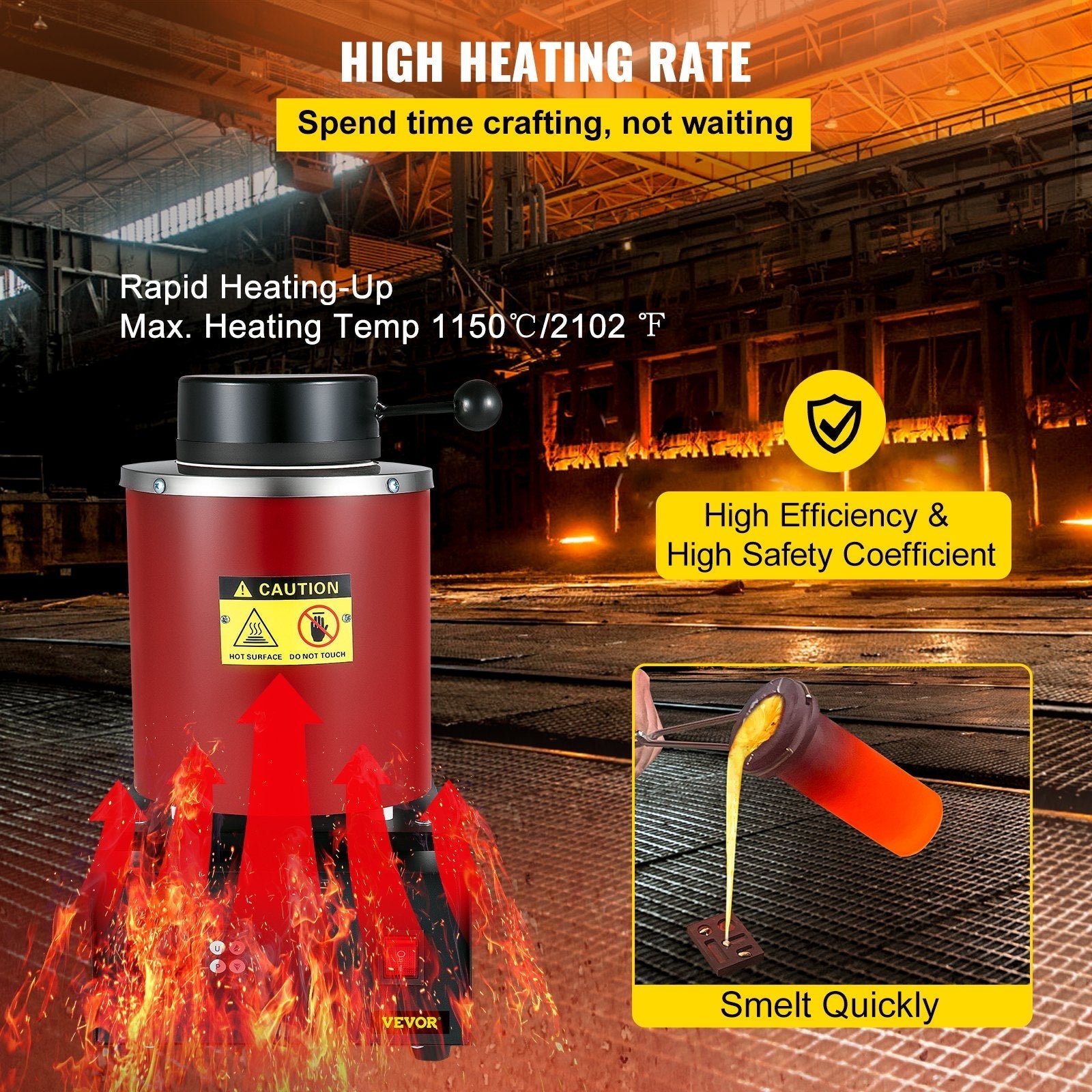 VEVOR Electric Melting Furnace, 3KG Digital Electric Melting Furnace, 1750W 1150?/2102 ? Gold Smelter Furnace W/ 1KG&3KG Graphite Crucible & Ingot Die for Processing of Melting Gold, Silver, Copper