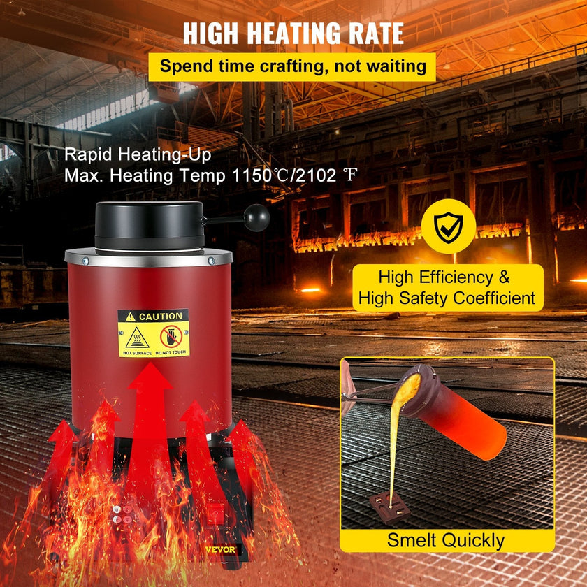 VEVOR Electric Melting Furnace, 3KG Digital Electric Melting Furnace, 1750W 1150?/2102 ? Gold Smelter Furnace W/ 1KG&3KG Graphite Crucible & Ingot Die for Processing of Melting Gold, Silver, Copper