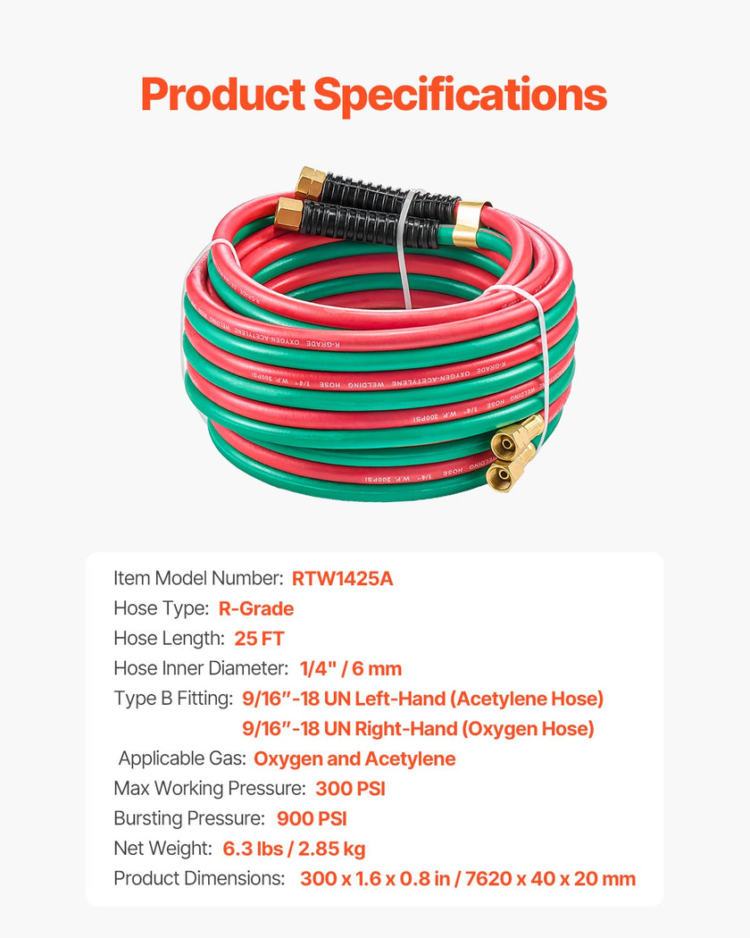 VEVOR Oxygen Acetylene Hose 1/4-Inch x 25FT Oxy Acetylene Hose R Grade 300PSI
