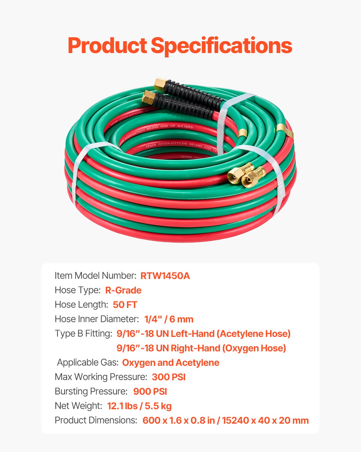 VEVOR Oxygen Acetylene Hose 1/4-Inch x 50FT Oxy Acetylene Hose R Grade 300PSI
