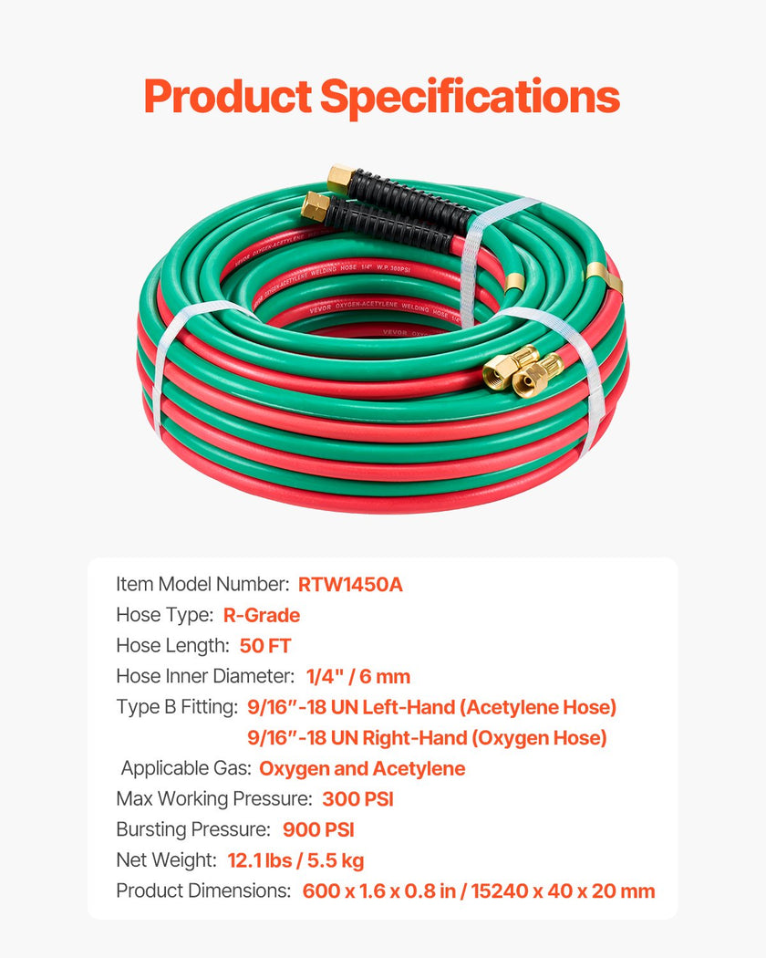 VEVOR Oxygen Acetylene Hose 1/4-Inch x 50FT Oxy Acetylene Hose R Grade 300PSI