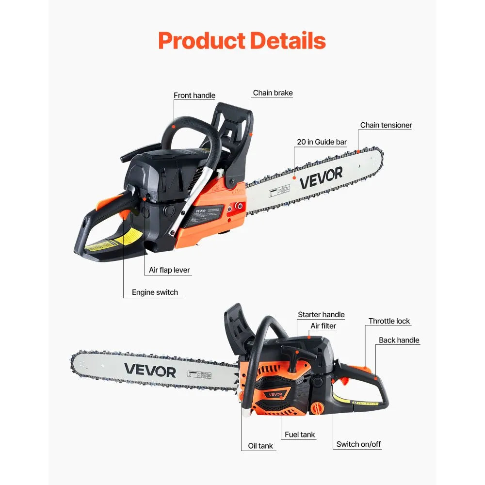 62cc Gas Chainsaw – 20-Inch 3.8 HP Gas Powered Chain Saw for Wood Cutting & Tree Trimming