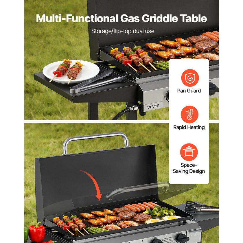 VEVOR 4 Burner Propane Gas Griddle, 29 Inch Outdoor Flat Top Grill with Lid & Wheels, 28,000 BTU BBQ Griddle Cart for Camping, Backyard Cooking & Outdoor Grilling