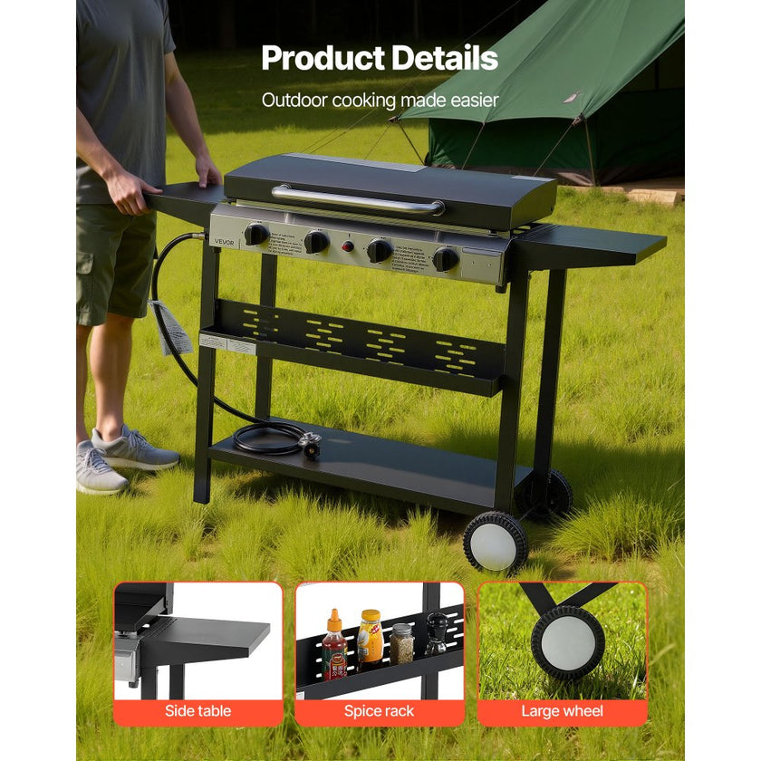 VEVOR 4 Burner Propane Gas Griddle, 29 Inch Outdoor Flat Top Grill with Lid & Wheels, 28,000 BTU BBQ Griddle Cart for Camping, Backyard Cooking & Outdoor Grilling