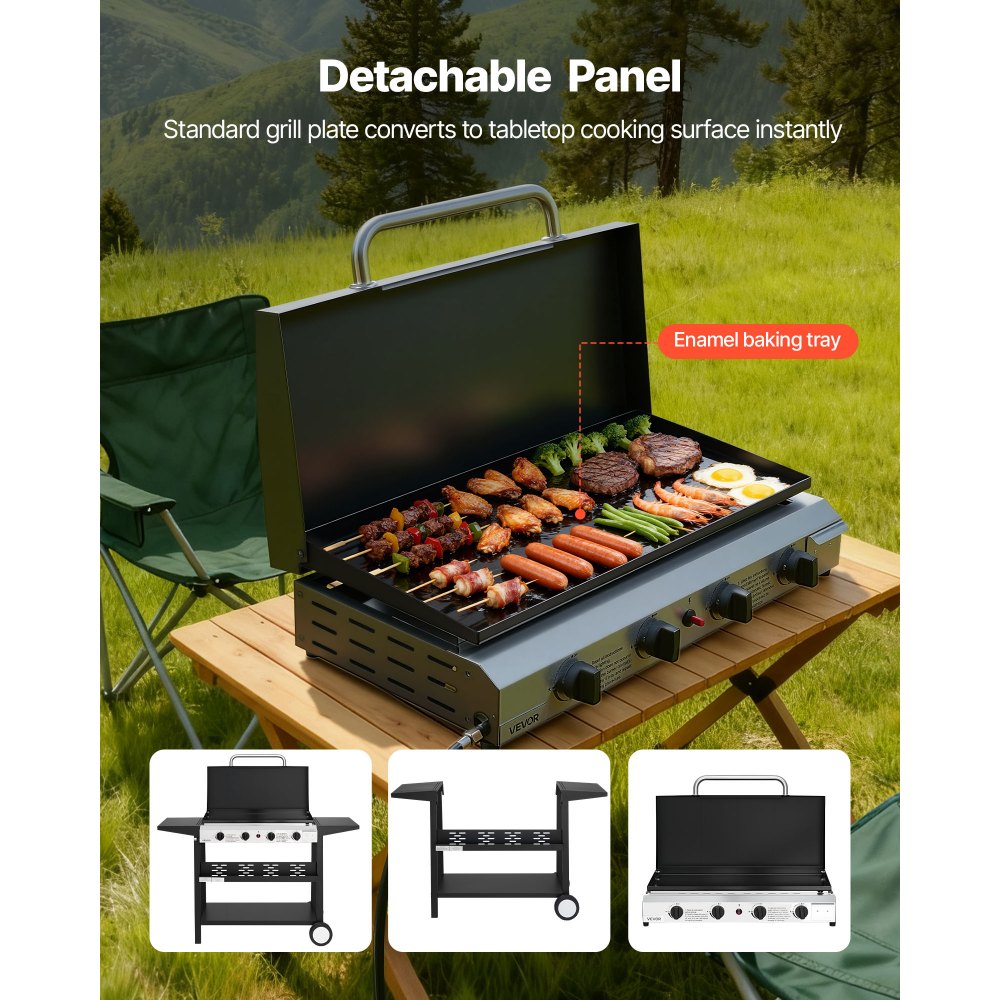 VEVOR 4 Burner Propane Gas Griddle, 29 Inch Outdoor Flat Top Grill with Lid & Wheels, 28,000 BTU BBQ Griddle Cart for Camping, Backyard Cooking & Outdoor Grilling