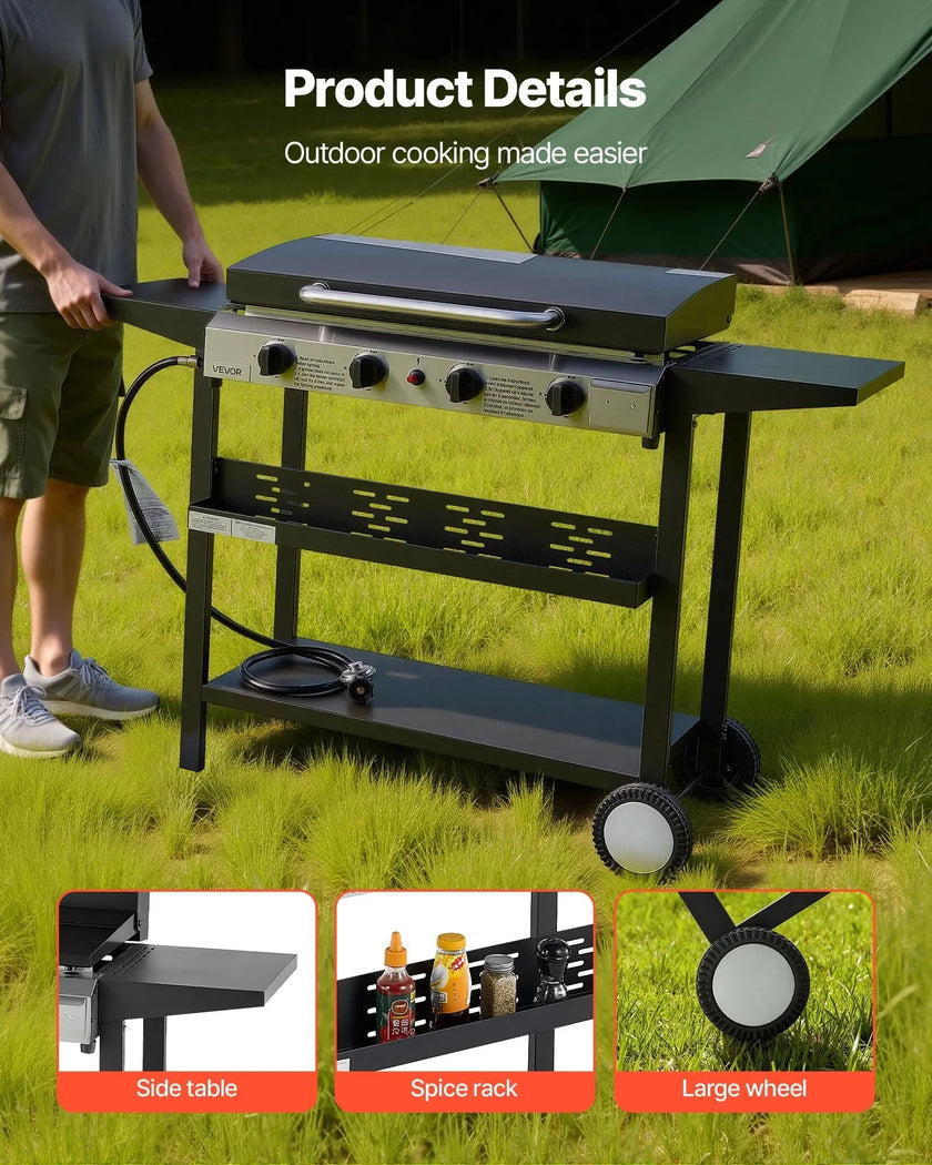 VEVOR Gas Griddle, 4-Burner Flat Top Grill, 29 inch Grill Plate Propane Griddle with Wheels, Lid, 28000 BTU Outdoor Flat Top Grills for Pan-Frying, Grilling, Stir-Frying, & BBQ, Pulse Ignition
