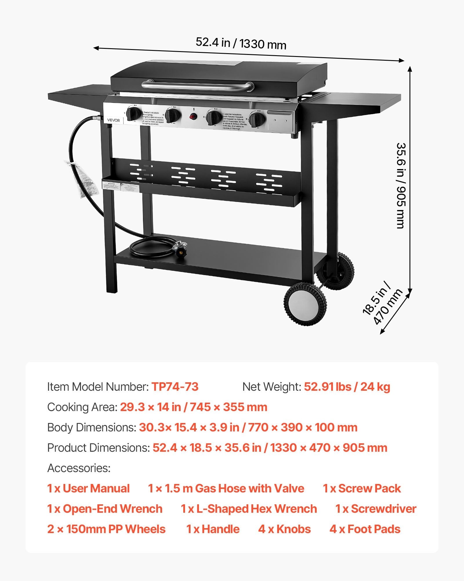 VEVOR 4 Burner Propane Gas Griddle, 29 Inch Outdoor Flat Top Grill with Lid & Wheels, 28,000 BTU BBQ Griddle Cart for Camping, Backyard Cooking & Outdoor Grilling