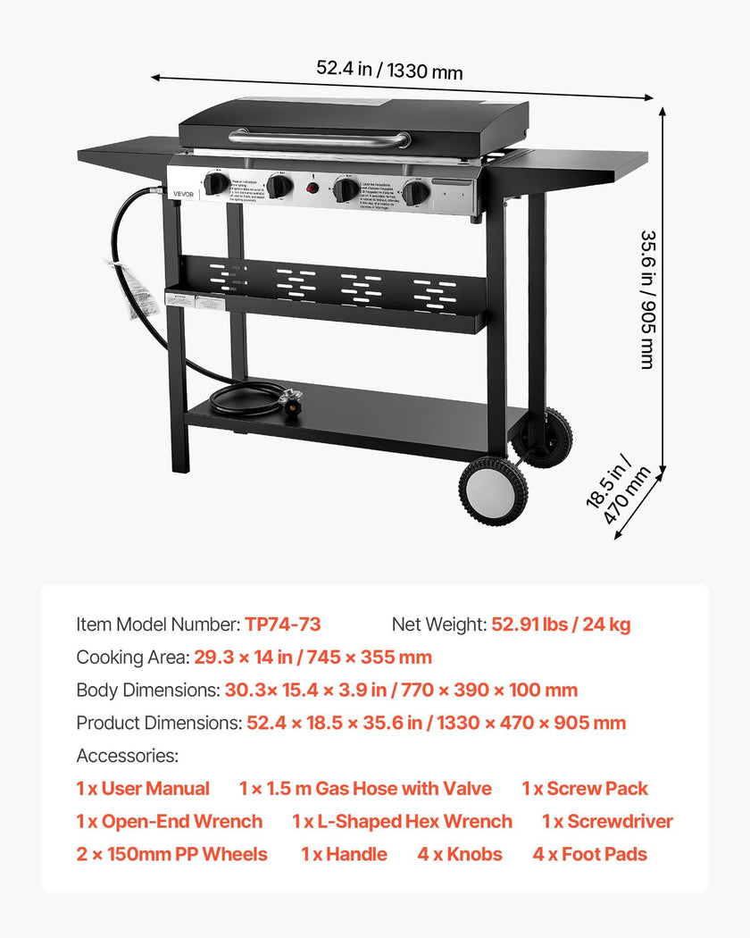 VEVOR 4 Burner Propane Gas Griddle, 29 Inch Outdoor Flat Top Grill with Lid & Wheels, 28,000 BTU BBQ Griddle Cart for Camping, Backyard Cooking & Outdoor Grilling