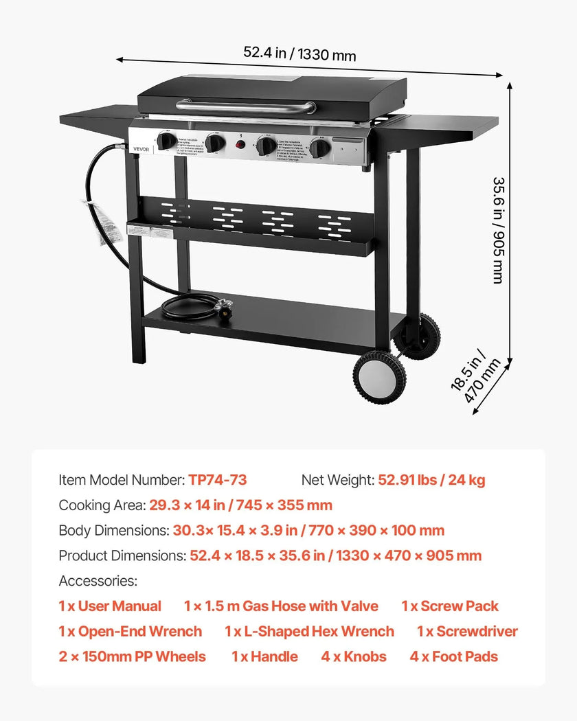 VEVOR Gas Griddle, 4-Burner Flat Top Grill, 29 inch Grill Plate Propane Griddle with Wheels, Lid, 28000 BTU Outdoor Flat Top Grills for Pan-Frying, Grilling, Stir-Frying, & BBQ, Pulse Ignition