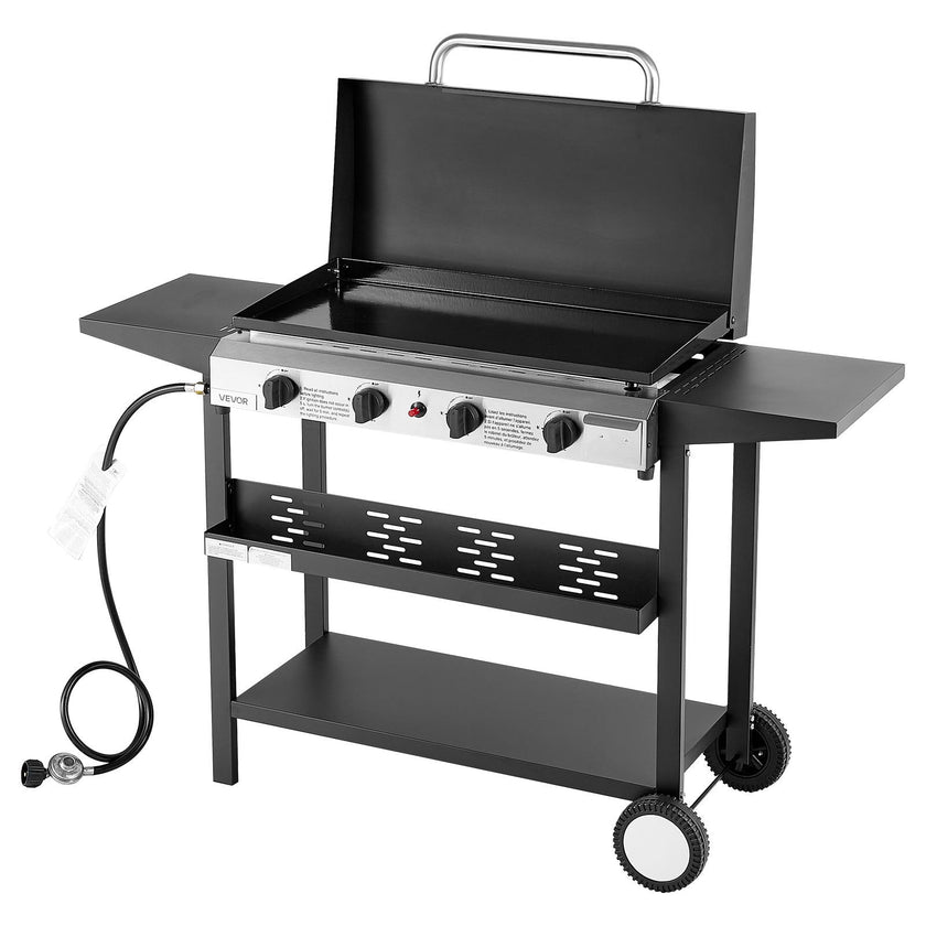 VEVOR 4 Burner Propane Gas Griddle, 29 Inch Outdoor Flat Top Grill with Lid & Wheels, 28,000 BTU BBQ Griddle Cart for Camping, Backyard Cooking & Outdoor Grilling