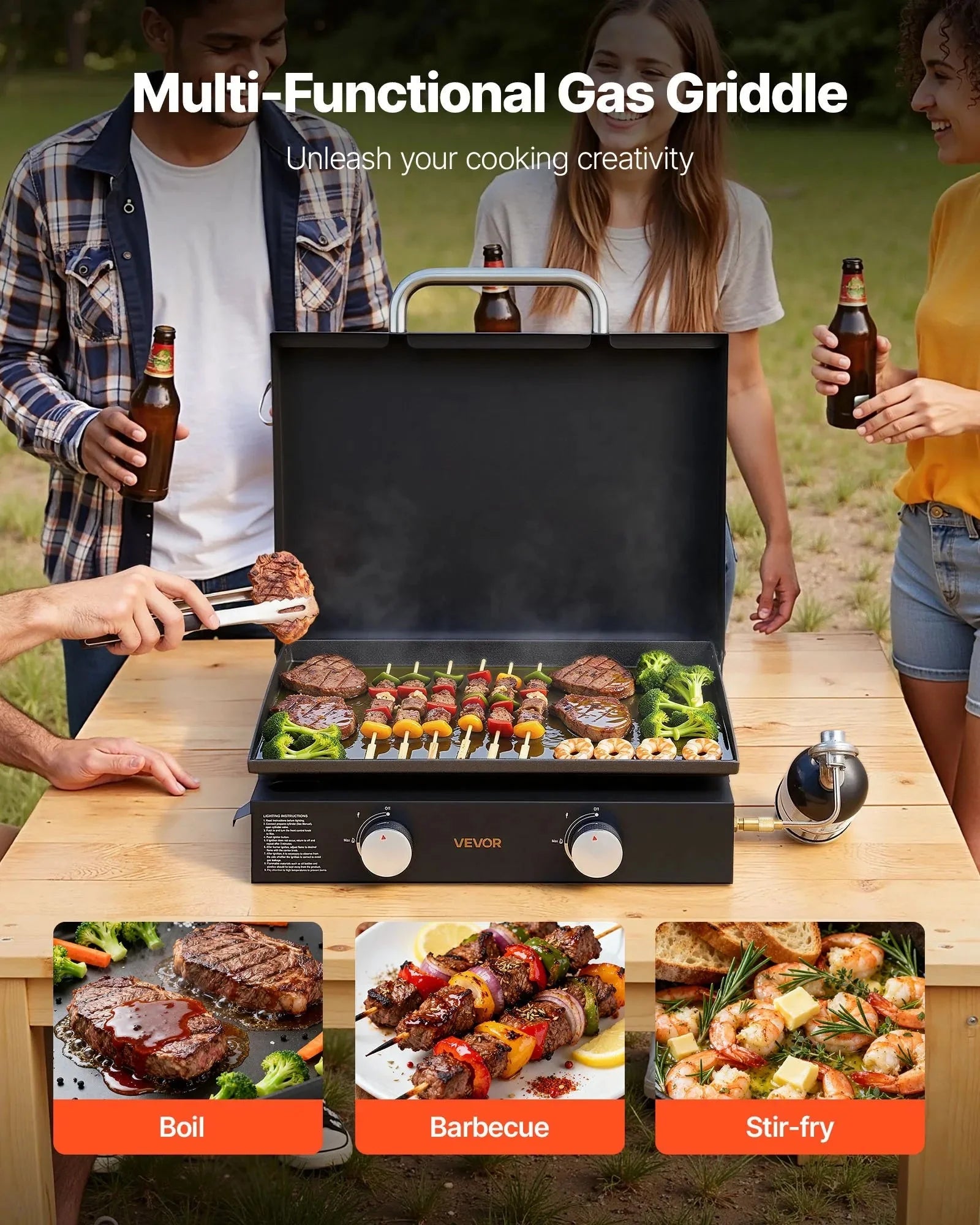 VEVOR Gas Griddle, 2 Burner Tabletop Griddle, 22 inch Portable Griddles Propane with Lid, Oil Drain Hole & Oil Collection Tray, 2 x 11000BTU Camping Flat Top Grill for Outdoor Cooking, Tailgating