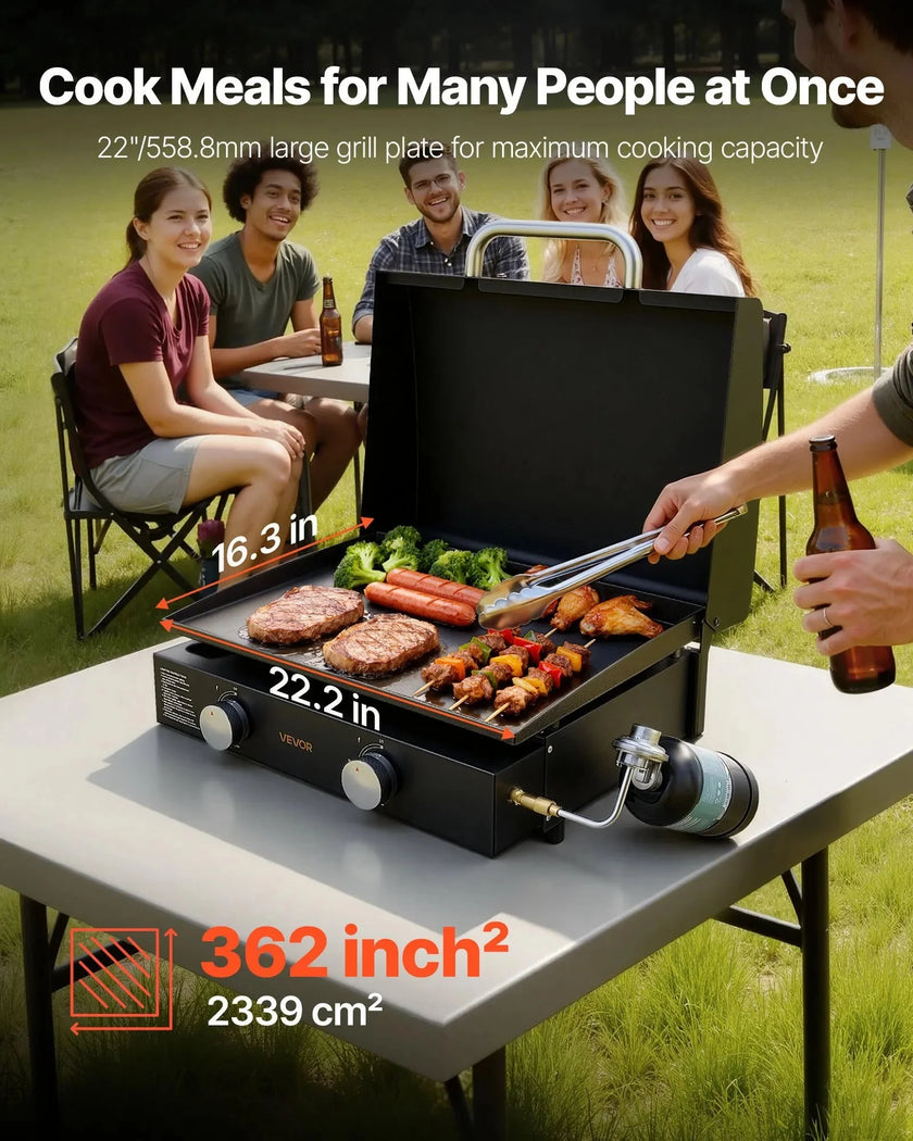 VEVOR Gas Griddle, 2 Burner Tabletop Griddle, 22 inch Portable Griddles Propane with Lid, Oil Drain Hole & Oil Collection Tray, 2 x 11000BTU Camping Flat Top Grill for Outdoor Cooking, Tailgating