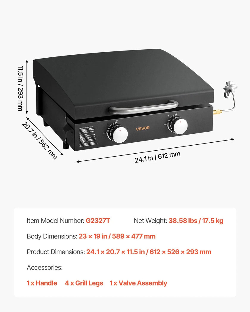 VEVOR Gas Griddle, 2 Burner Tabletop Griddle, 22 inch Portable Griddles Propane with Lid, Oil Drain Hole & Oil Collection Tray, 2 x 11000BTU Camping Flat Top Grill for Outdoor Cooking, Tailgating