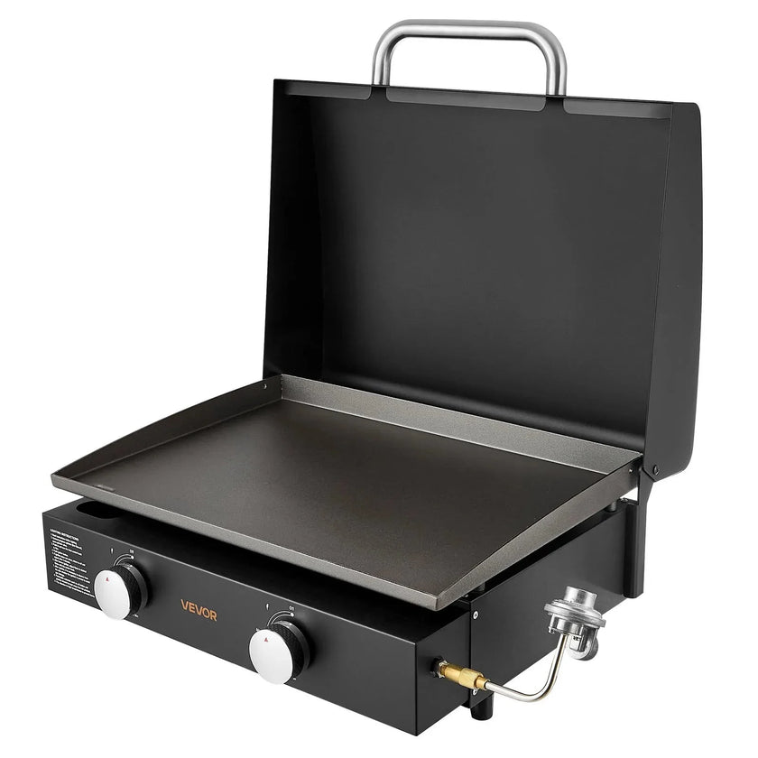 VEVOR Gas Griddle, 2 Burner Tabletop Griddle, 22 inch Portable Griddles Propane with Lid, Oil Drain Hole & Oil Collection Tray, 2 x 11000BTU Camping Flat Top Grill for Outdoor Cooking, Tailgating