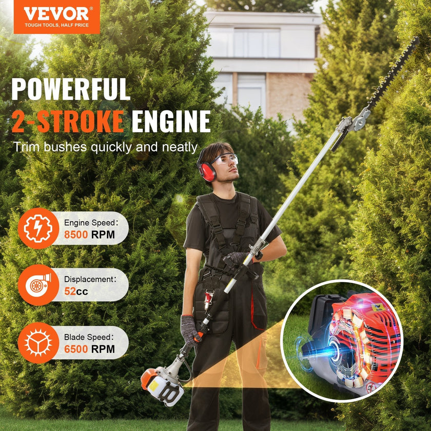 VEVOR 52CC 6-in-1 Multi-Functional Trimming Tools, Gas Hedge Trimmer, Weed Eater, String Trimmer, Brush Cutter, Edger, Pole Saw Chainsaw Pruner with Extension Pole