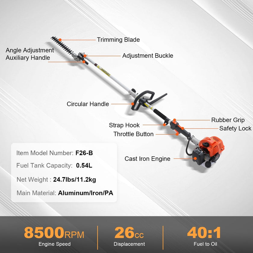 VEVOR 15.7-inch 26CC 2 Cycle Gas Hedge Trimmer, Gas Powered Pole Hedge Trimmer with Dual Sided Dual Action Blade, 270° Adjustable Trimmer Head, Suitable for Trimming Shrubs, Bushes