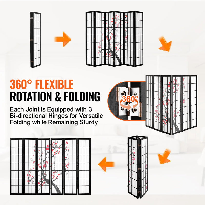 VEVOR Room Divider Japanese Room Screen Divider 6 Panel for Room Separation