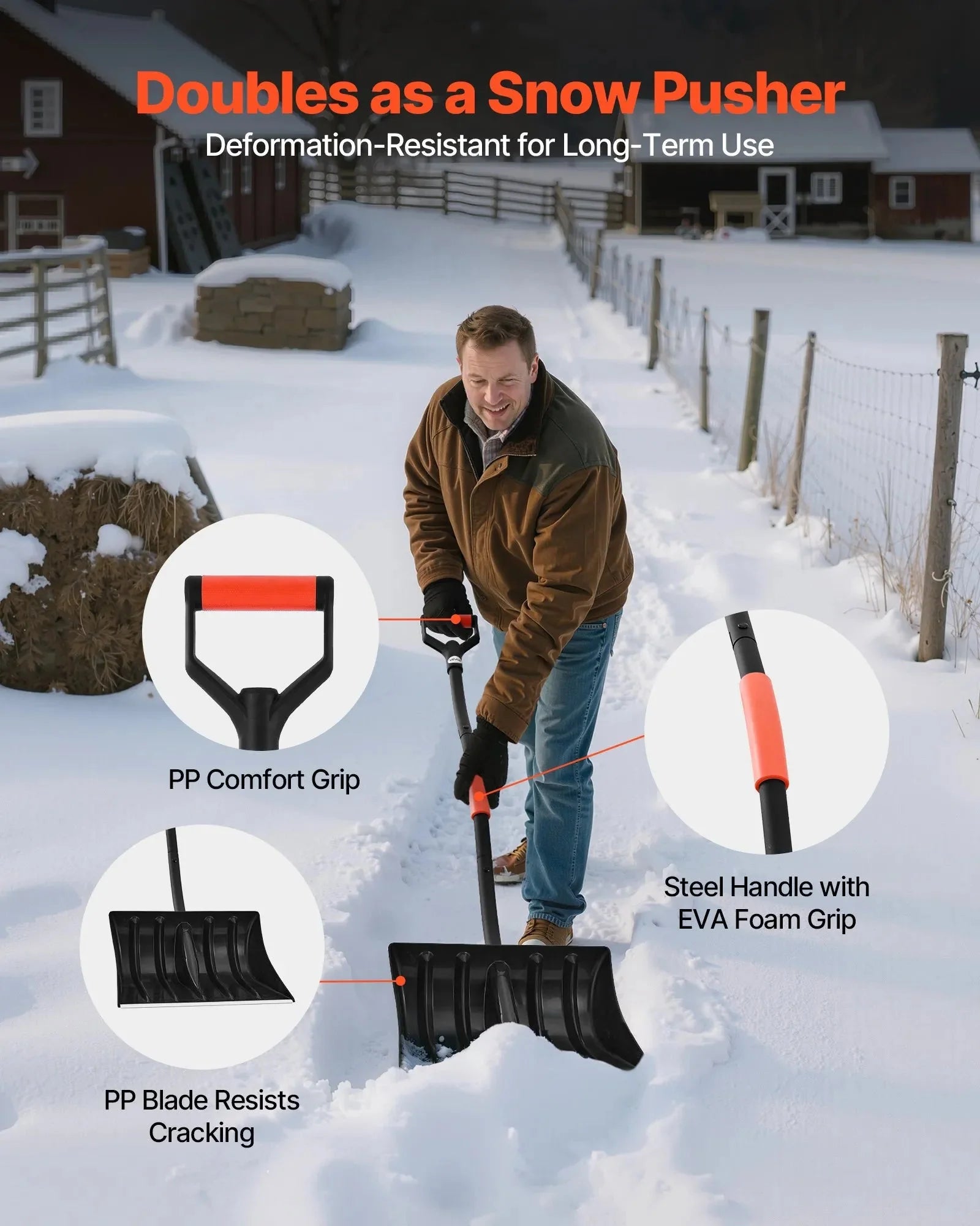 VEVOR Snow Shovel for Driveway, 17 in Wide Plastic Snow Shovel with D-shaped Handles & Aluminum Blade, Large Capacity Snowplow Shovels, Lightweight Snows Removal Tool for Garden Car Camping