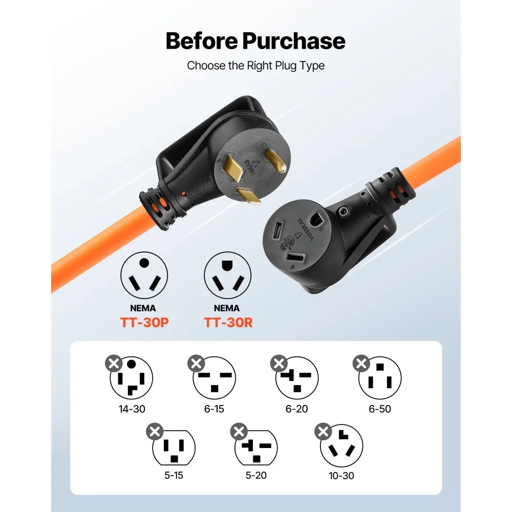 VEVOR 30 Amp 100 ft RV Extension Cord with 15A Adapter, NEMA TT-30P to TT-30R, Heavy-Duty 10/3 Gauge Power Cord