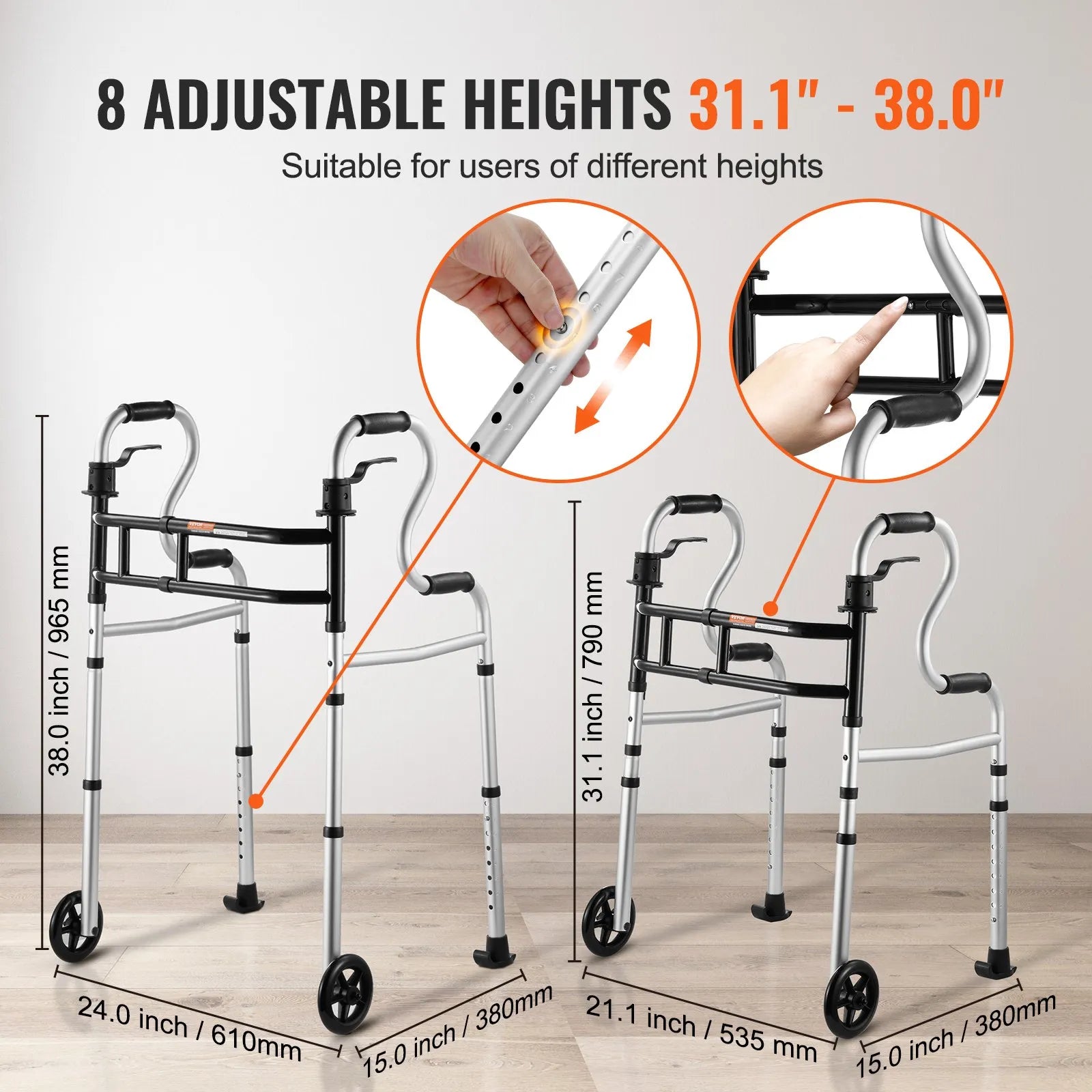 VEVOR Folding Walker Stand-Assist Folding Walkers with Adjustable Height & Width