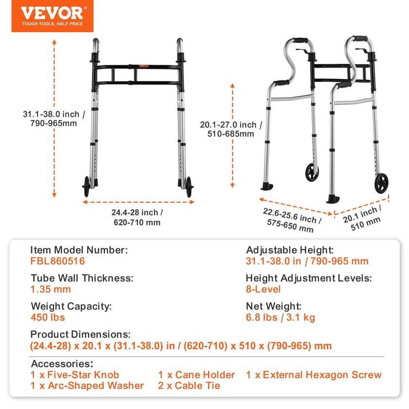VEVOR Folding Walker Stand-Assist Folding Walkers with Adjustable Height & Width