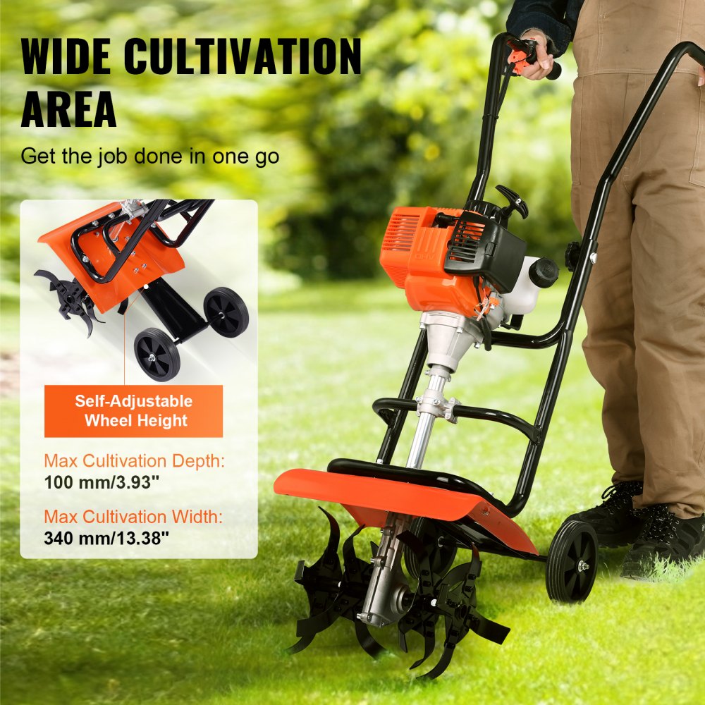 VEVOR Tiller Cultivator Gas Powered, 31CC 4-Stroke Garden Cultivator, Tiller with 4 Steel Adjustable Front Tines for Lawn, Garden and Field Soil Cultivation