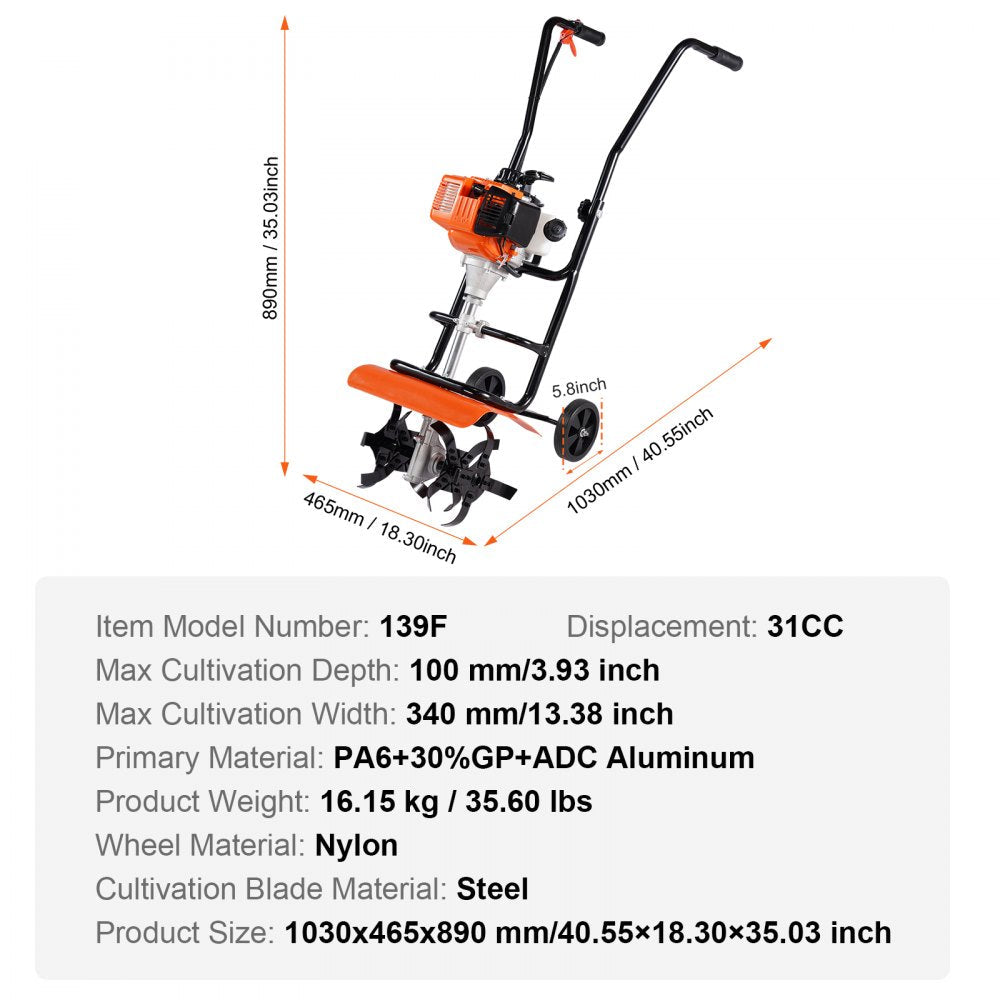 VEVOR Tiller Cultivator Gas Powered, 31CC 4-Stroke Garden Cultivator, Tiller with 4 Steel Adjustable Front Tines for Lawn, Garden and Field Soil Cultivation