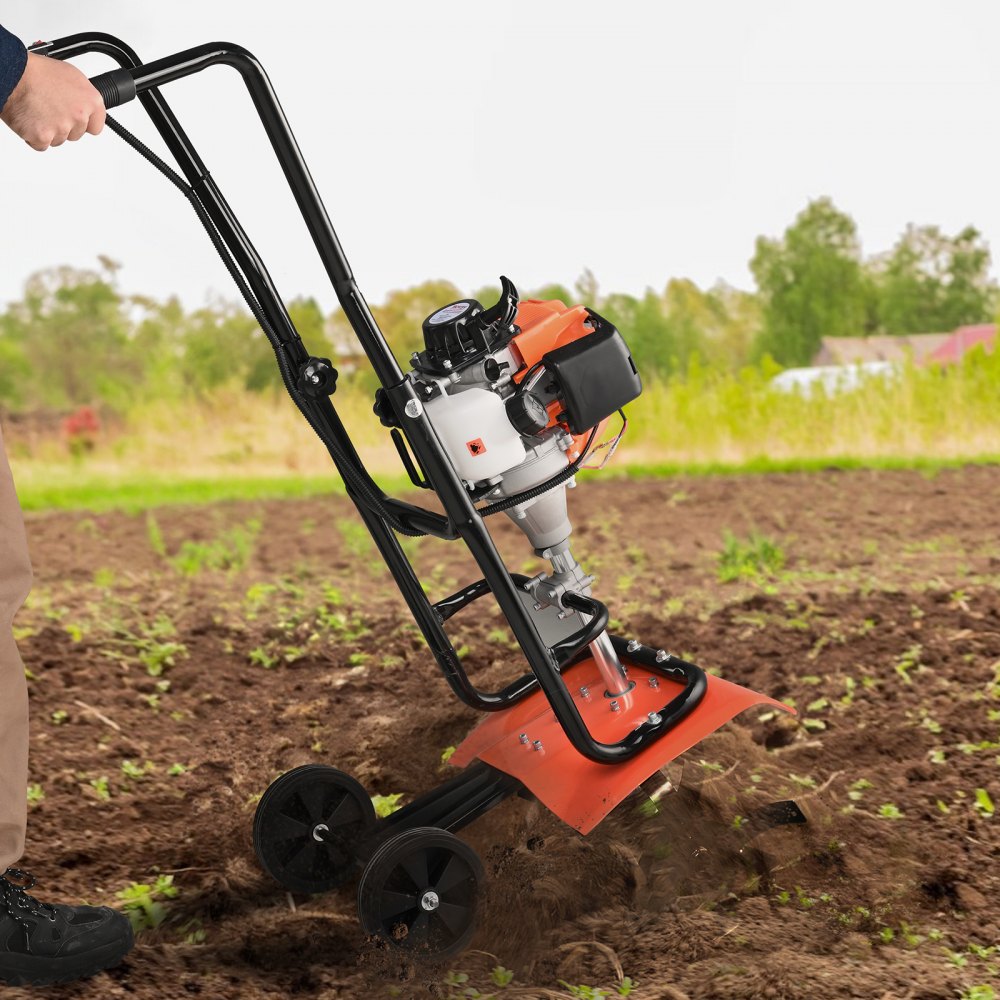 VEVOR Tiller Cultivator Gas Powered, 31CC 4-Stroke Garden Cultivator, Tiller with 4 Steel Adjustable Front Tines for Lawn, Garden and Field Soil Cultivation
