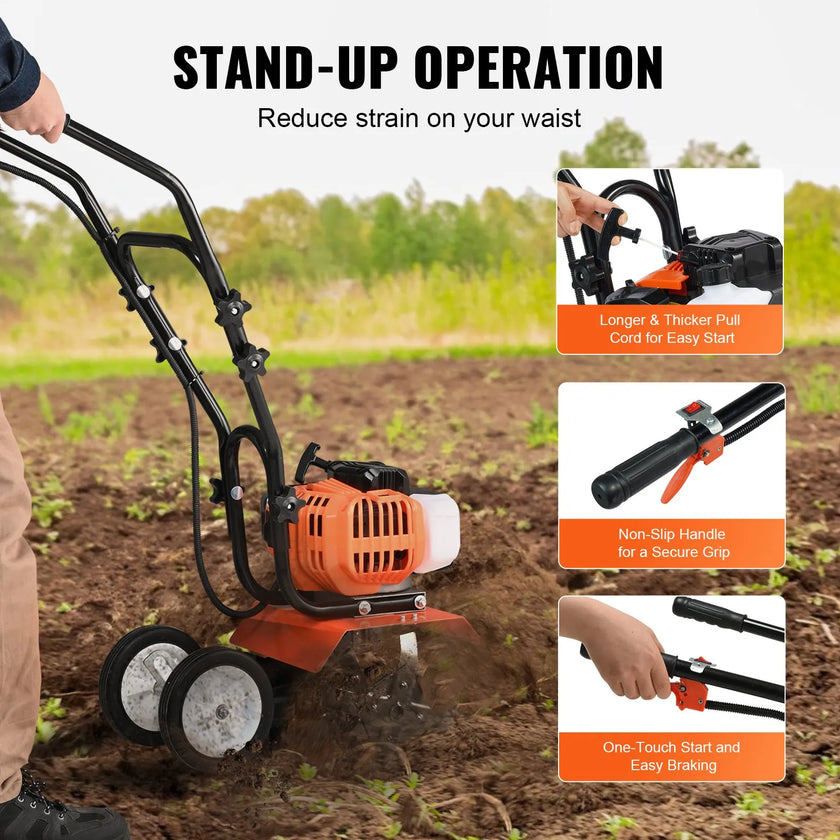 VEVOR Tiller Cultivator Gas Powered, 43CC 2-Stroke Garden Cultivator, Tiller with 4 Steel Adjustable Front Tines for Lawn, Garden and Field Soil Cultivation