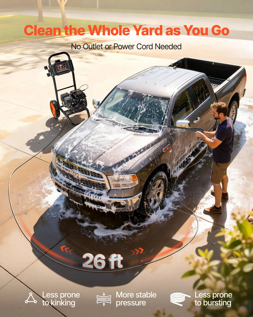 Gas Pressure Washer 2900 PSI 1.85 GPM, Aluminum Pump, 4 Nozzles, 26 ft Hose, Gas Powered Cleaner for Driveways, Cars & Patios