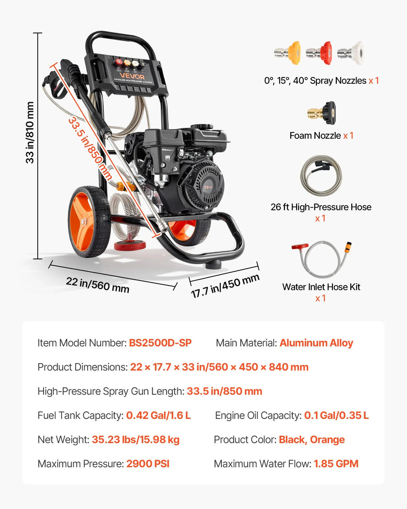 Gas Pressure Washer 2900 PSI 1.85 GPM, Aluminum Pump, 4 Nozzles, 26 ft Hose, Gas Powered Cleaner for Driveways, Cars & Patios
