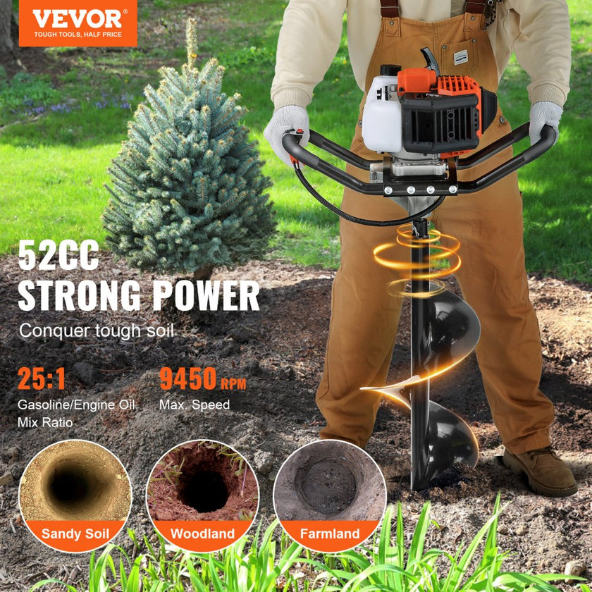 VEVOR Post Hole Digger, 52cc 1450W Auger Post Hole digger, Gas Powered Earth Digger with Two Earth Auger Drill Bit 6