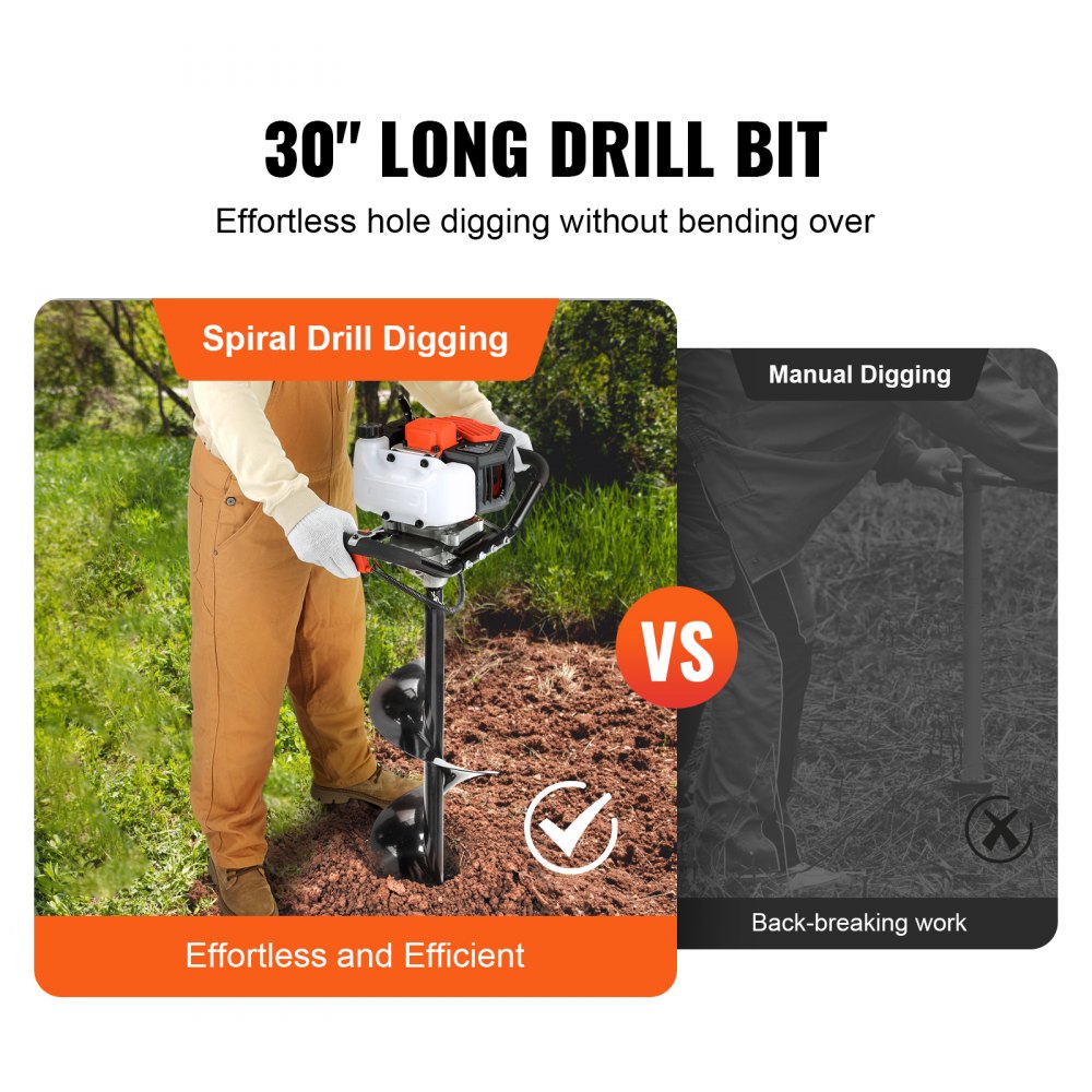 VEVOR Post Hole Digger, 52cc 1450W Auger Post Hole digger, Gas Powered Earth Digger with Two Earth Auger Drill Bit 6
