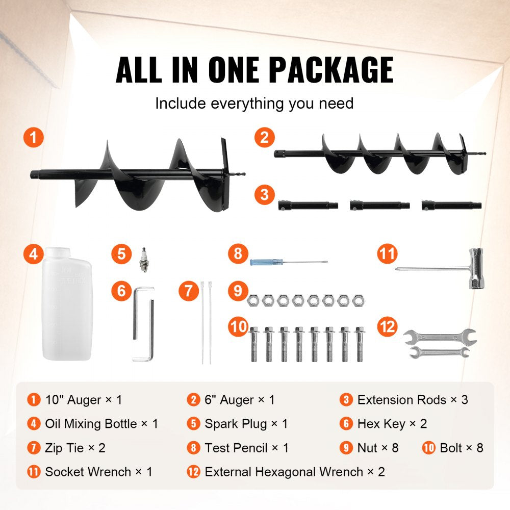 VEVOR Post Hole Digger, 52cc 1450W Auger Post Hole digger, Gas Powered Earth Digger with Two Earth Auger Drill Bit 6