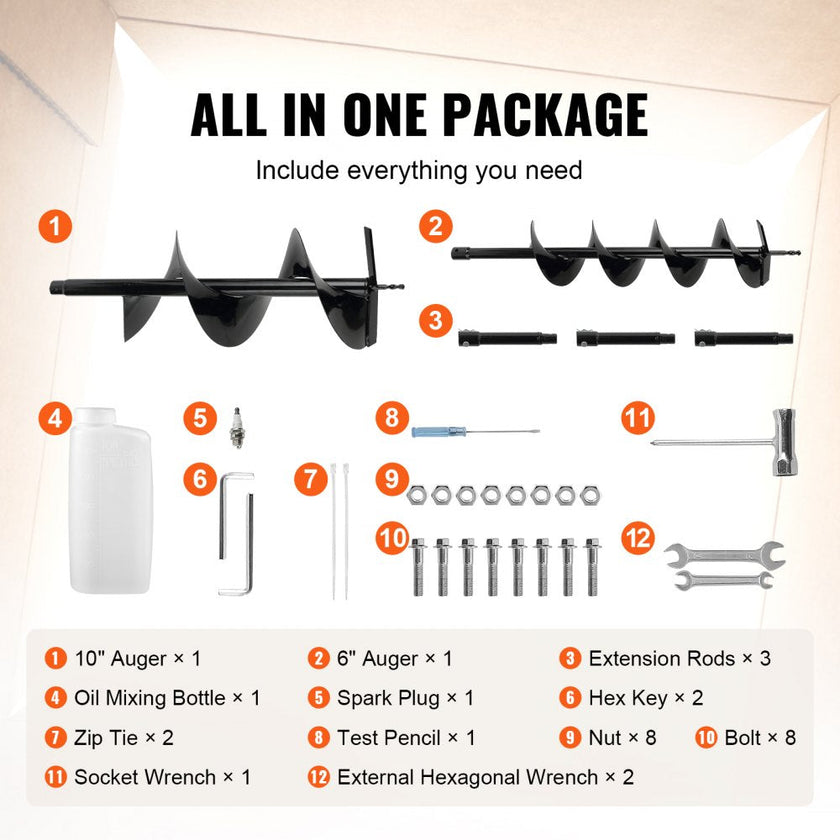 VEVOR Post Hole Digger, 52cc 1450W Auger Post Hole digger, Gas Powered Earth Digger with Two Earth Auger Drill Bit 6