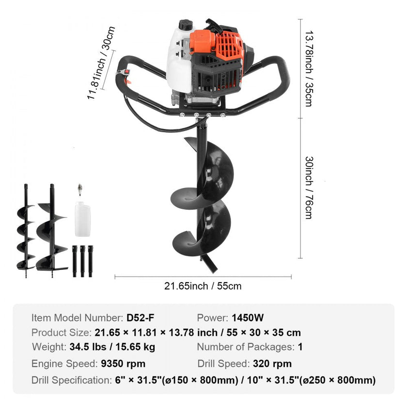 VEVOR Post Hole Digger, 52cc 1450W Auger Post Hole digger, Gas Powered Earth Digger with Two Earth Auger Drill Bit 6