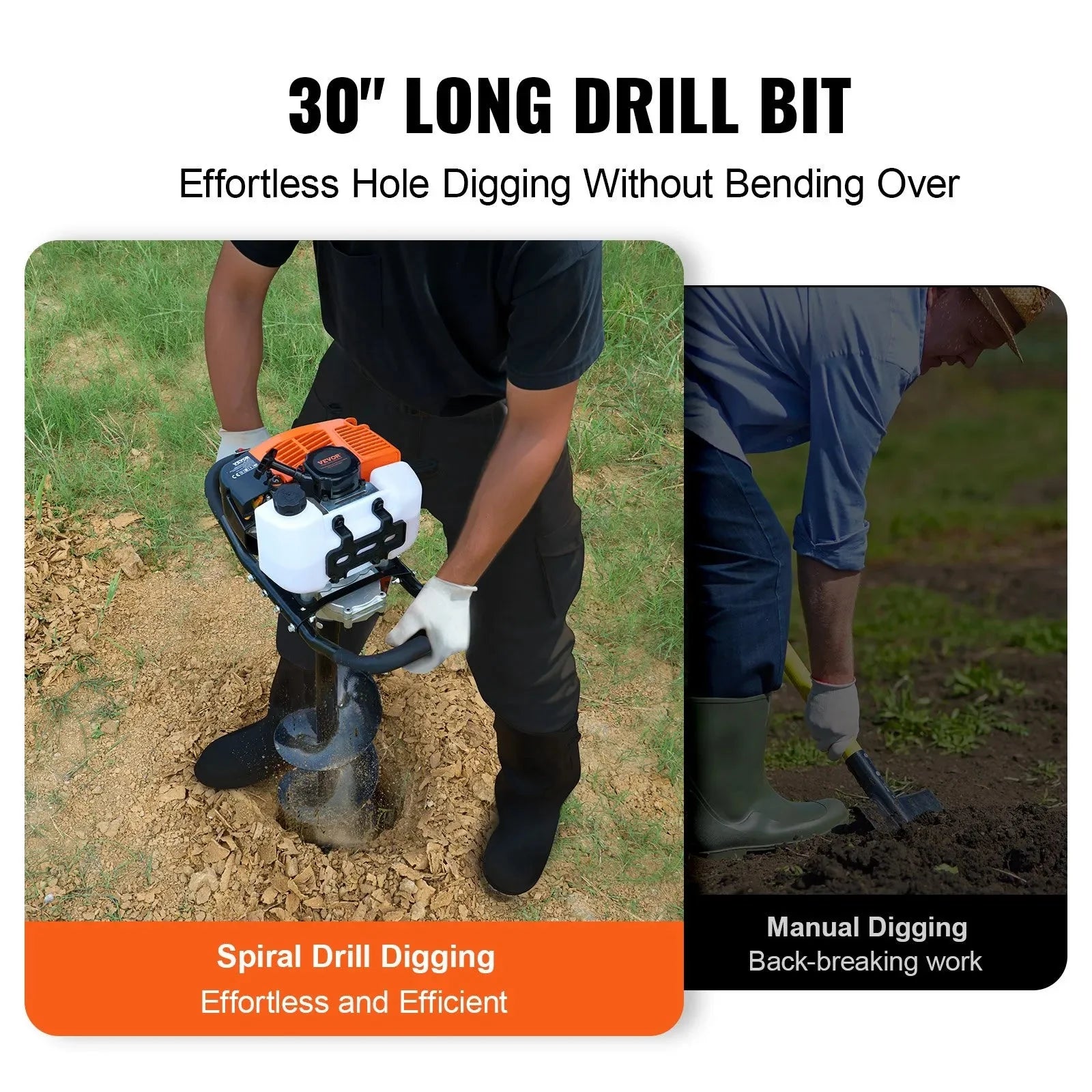 VEVOR Post Hole Digger Gas Powered, 63CC 2400W Earth Auger, Gas Auger with 8” Auger Drill Action Design Bits & 1 Extension Rod, Post Fence Hole Digger for Farmland Garden Plant, Orange+Black