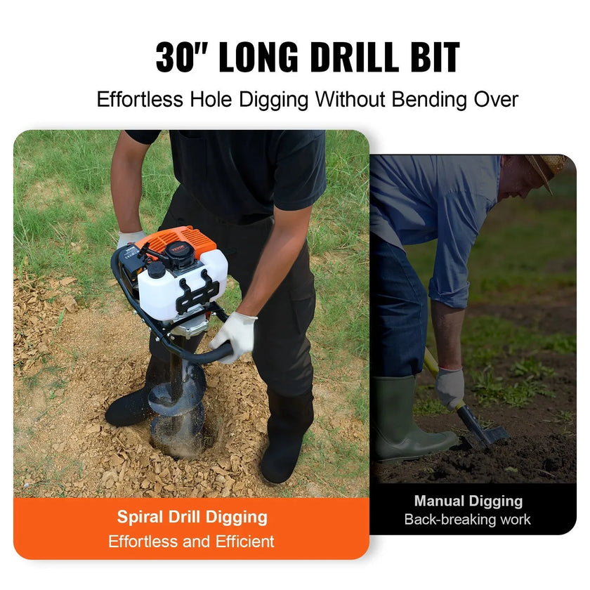 VEVOR Post Hole Digger Gas Powered, 63CC 2400W Earth Auger, Gas Auger with 8” Auger Drill Action Design Bits & 1 Extension Rod, Post Fence Hole Digger for Farmland Garden Plant, Orange+Black