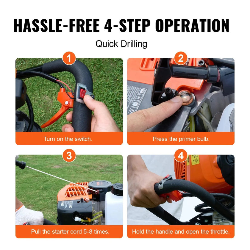 VEVOR Post Hole Digger Gas Powered, 63CC 2400W Earth Auger, Gas Auger with 8” Auger Drill Action Design Bits & 1 Extension Rod, Post Fence Hole Digger for Farmland Garden Plant, Orange+Black