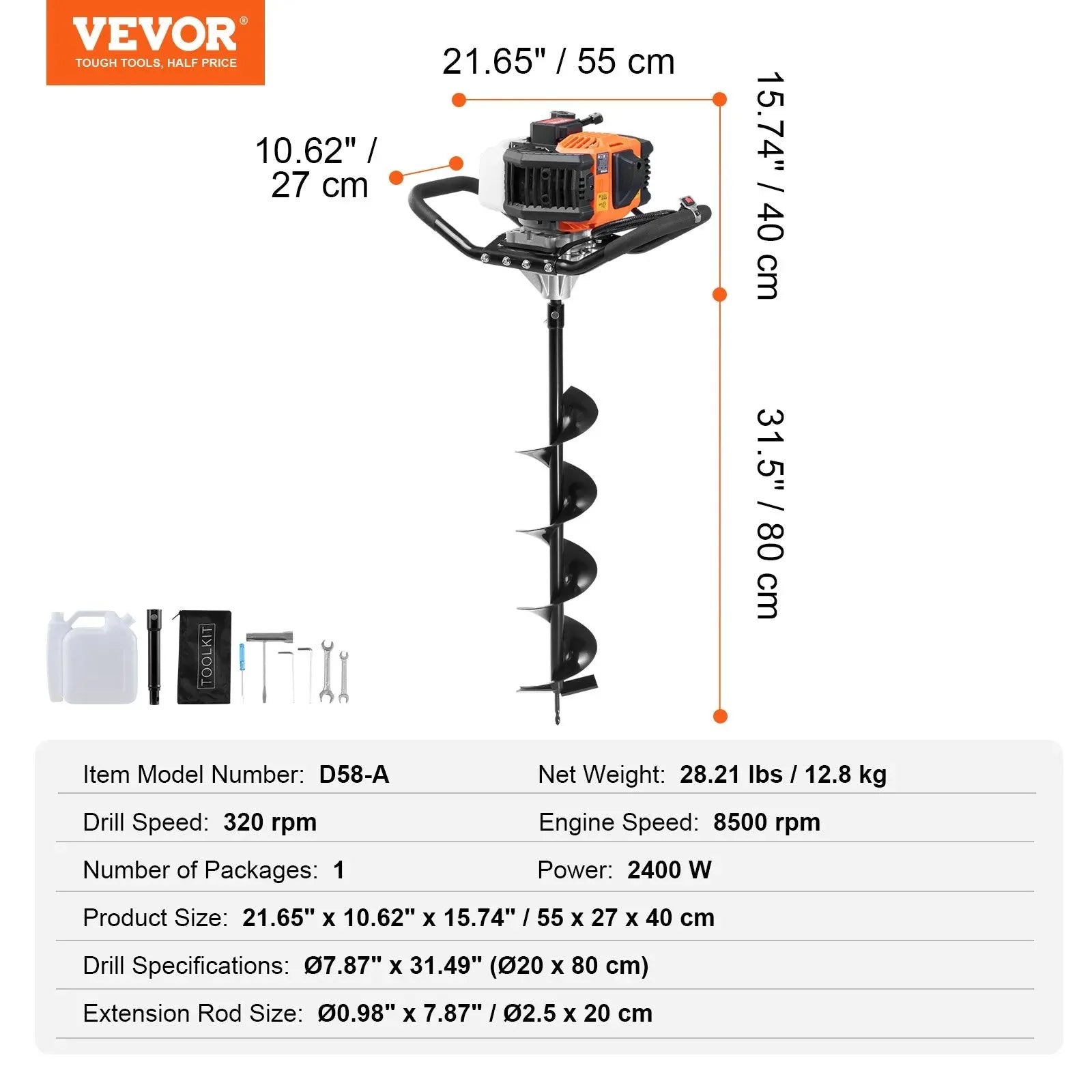 VEVOR Post Hole Digger Gas Powered, 63CC 2400W Earth Auger, Gas Auger with 8” Auger Drill Action Design Bits & 1 Extension Rod, Post Fence Hole Digger for Farmland Garden Plant, Orange+Black