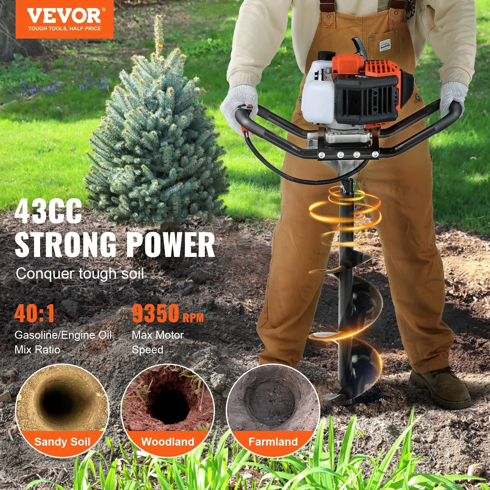 VEVOR Post Hole Digger, 43cc 1250W Auger Post Hole digger, Gas Powered Earth Digger with 8